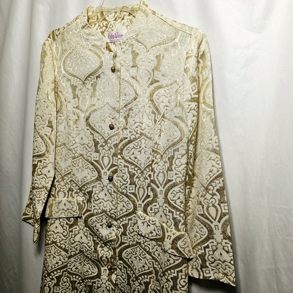 Vintage MCM Evelyn Pearson Lounging Robe Cover-up Cream w/Gold Metallic - Picture 6 of 11